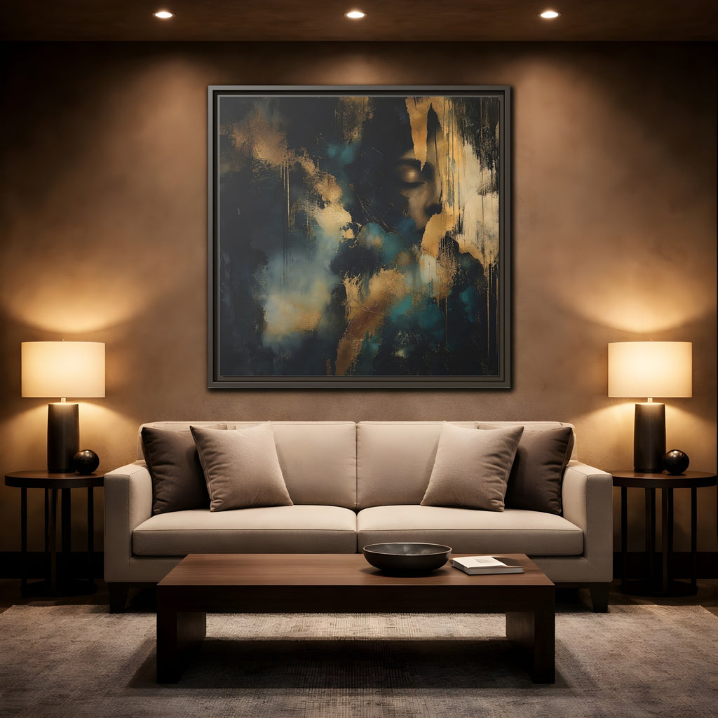 Mockup 2. Abstract Human Profile Gold Teal Abstract shown as stretched canvas wall art