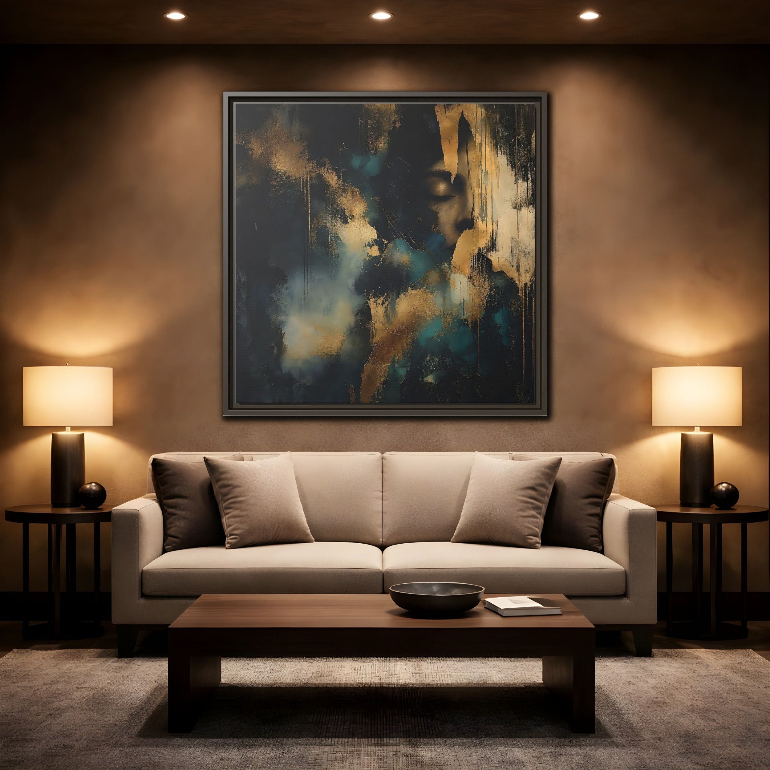 Mockup 2. Abstract Human Profile Gold Teal Abstract shown as stretched canvas wall art