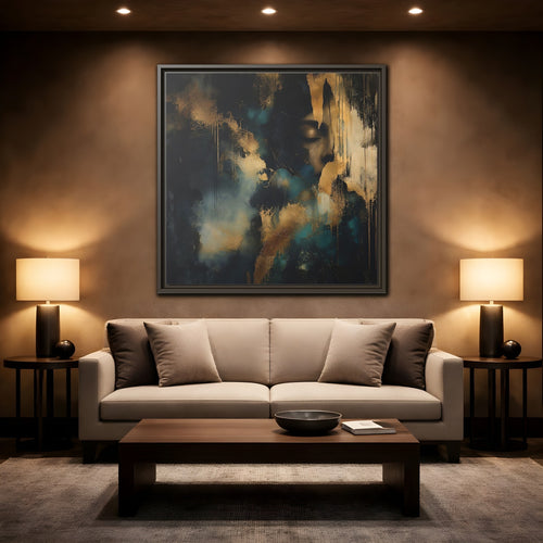 Mockup 2. Abstract Human Profile Gold Teal Abstract shown as stretched canvas wall art