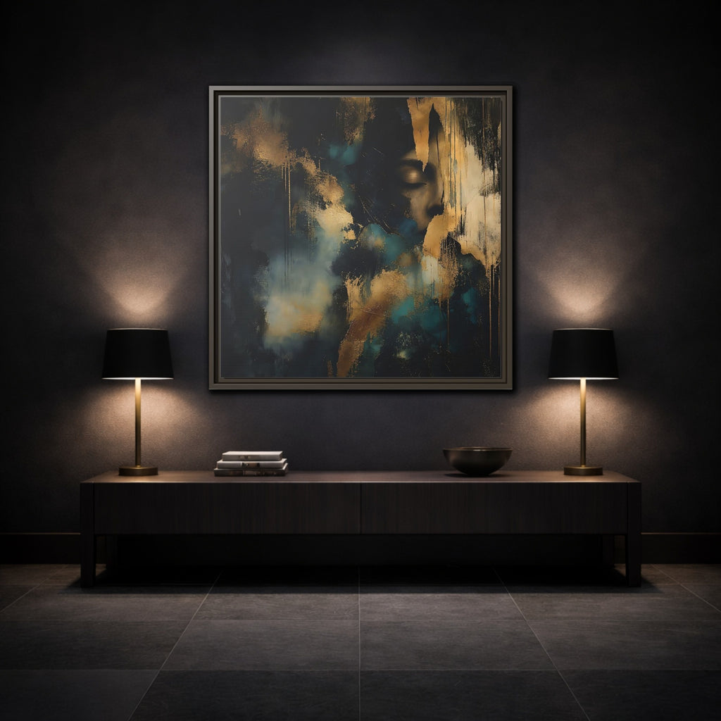 Mockup 3. Abstract Human Profile Gold Teal Abstract shown as stretched canvas wall art