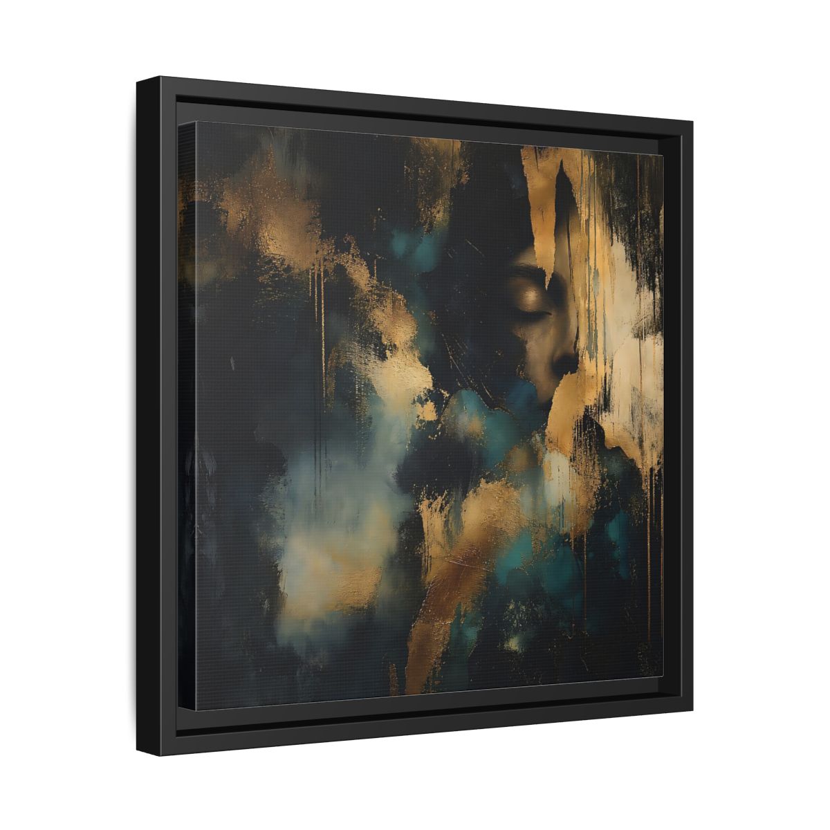Side Mockup 32. Abstract Human Profile Gold Teal Abstract shown as stretched canvas wall art