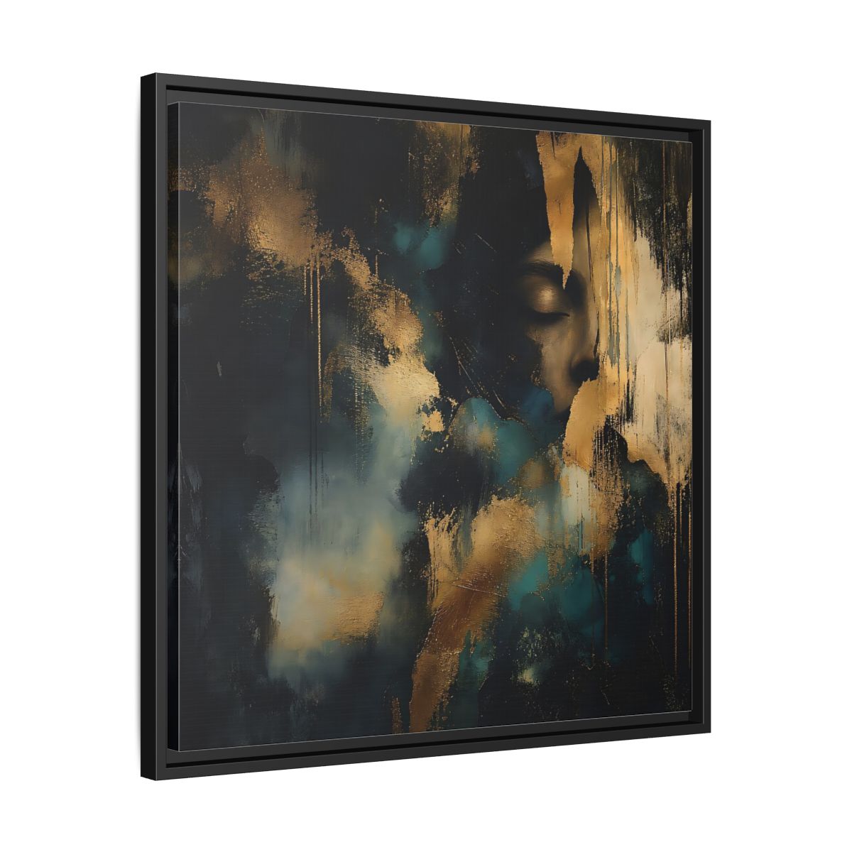 Side Mockup 31. Abstract Human Profile Gold Teal Abstract shown as stretched canvas wall art