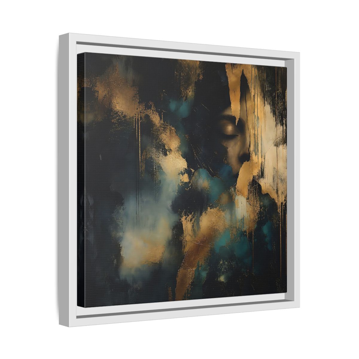 Side Mockup 28. Abstract Human Profile Gold Teal Abstract shown as stretched canvas wall art