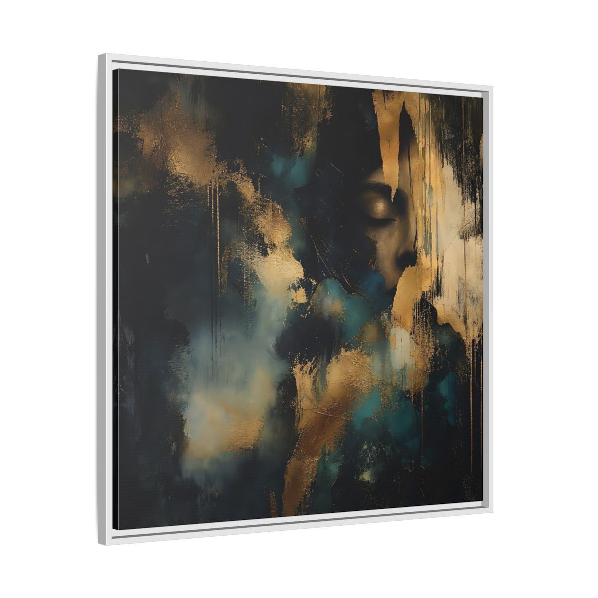 Side Mockup 25. Abstract Human Profile Gold Teal Abstract shown as stretched canvas wall art