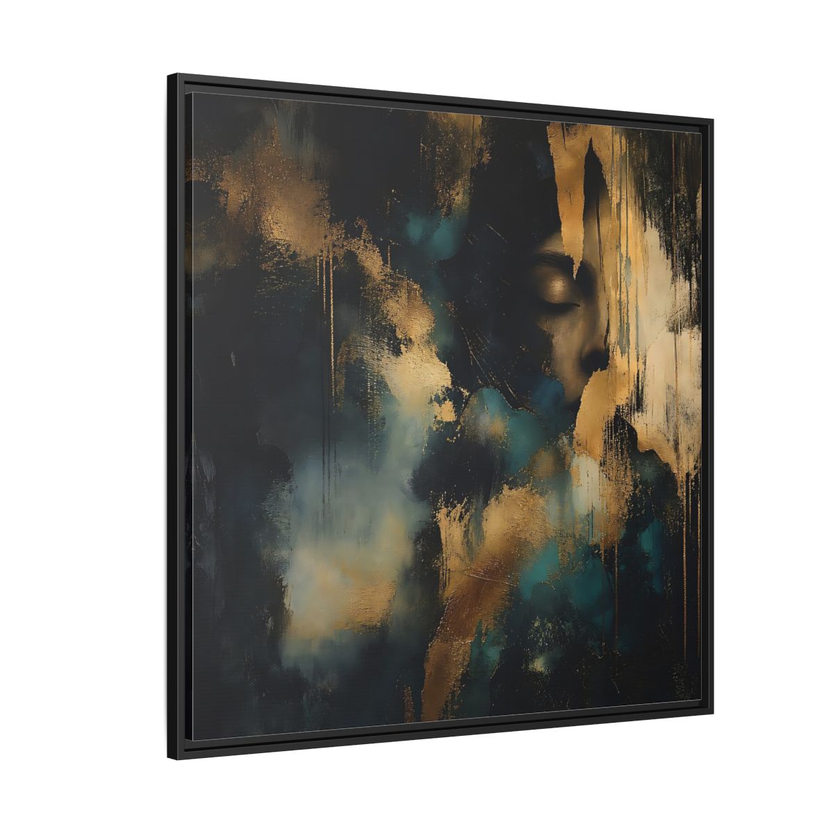 Side Mockup 6. Abstract Human Profile Gold Teal Abstract shown as stretched canvas wall art