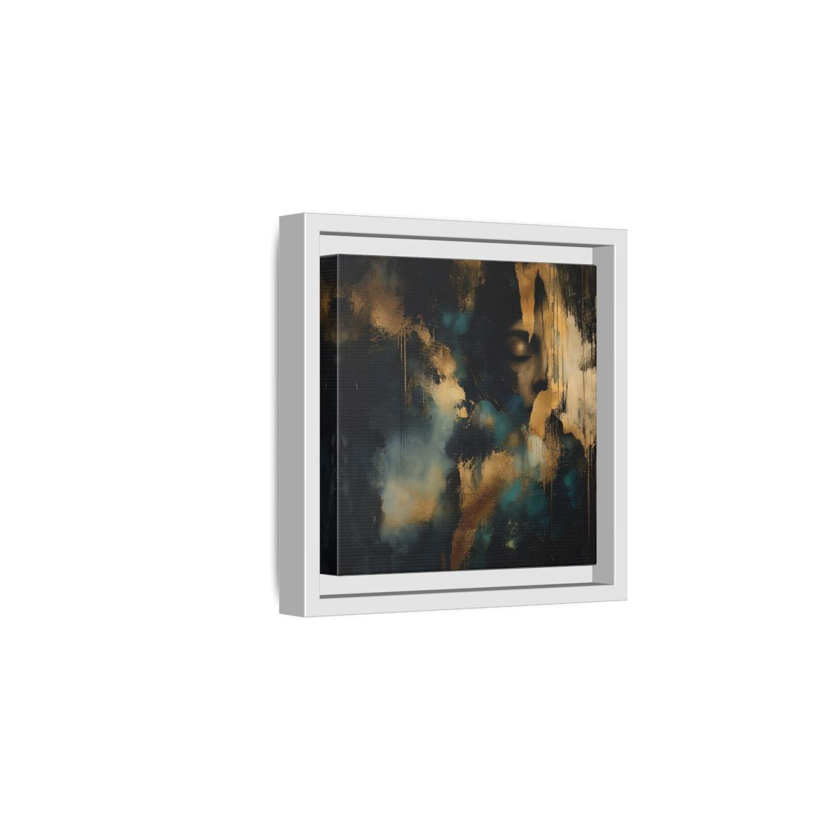Side Mockup 1. Abstract Human Profile Gold Teal Abstract shown as stretched canvas wall art