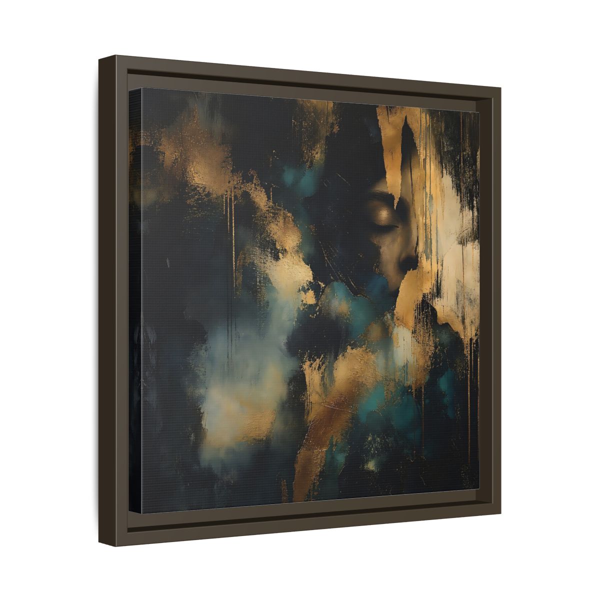 Side Mockup 29. Abstract Human Profile Gold Teal Abstract shown as stretched canvas wall art