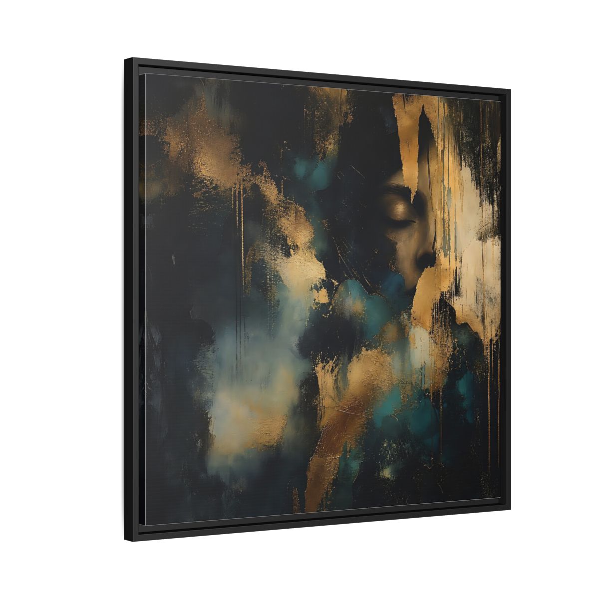 Side Mockup 9. Abstract Human Profile Gold Teal Abstract shown as stretched canvas wall art