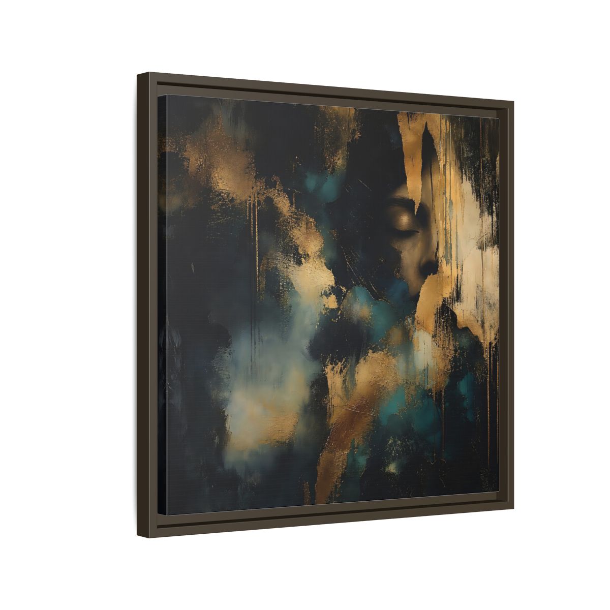 Side Mockup 11. Abstract Human Profile Gold Teal Abstract shown as stretched canvas wall art