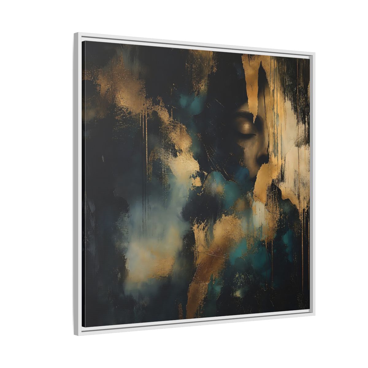 Side Mockup 4. Abstract Human Profile Gold Teal Abstract shown as stretched canvas wall art