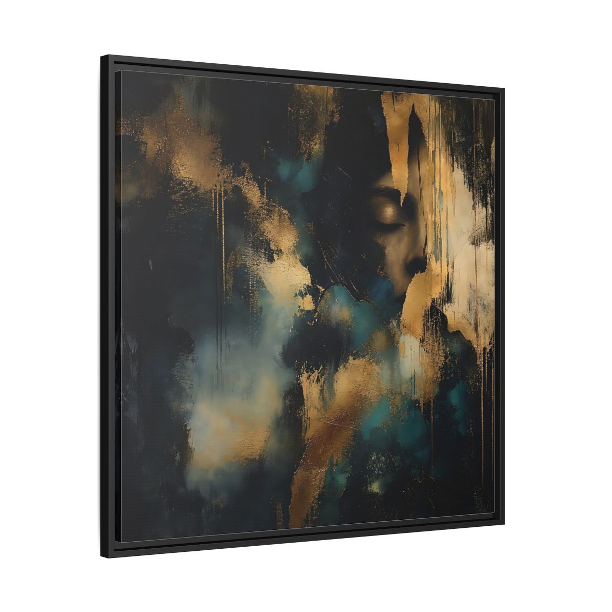 Side Mockup 30. Abstract Human Profile Gold Teal Abstract shown as stretched canvas wall art