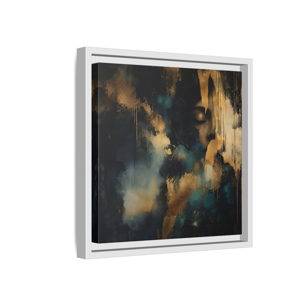 Side Mockup 16. Abstract Human Profile Gold Teal Abstract shown as stretched canvas wall art
