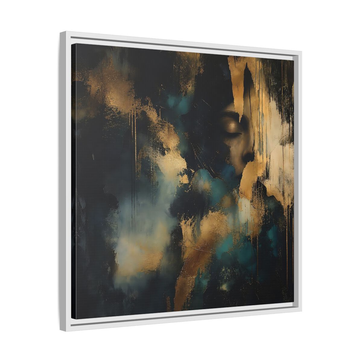 Side Mockup 26. Abstract Human Profile Gold Teal Abstract shown as stretched canvas wall art