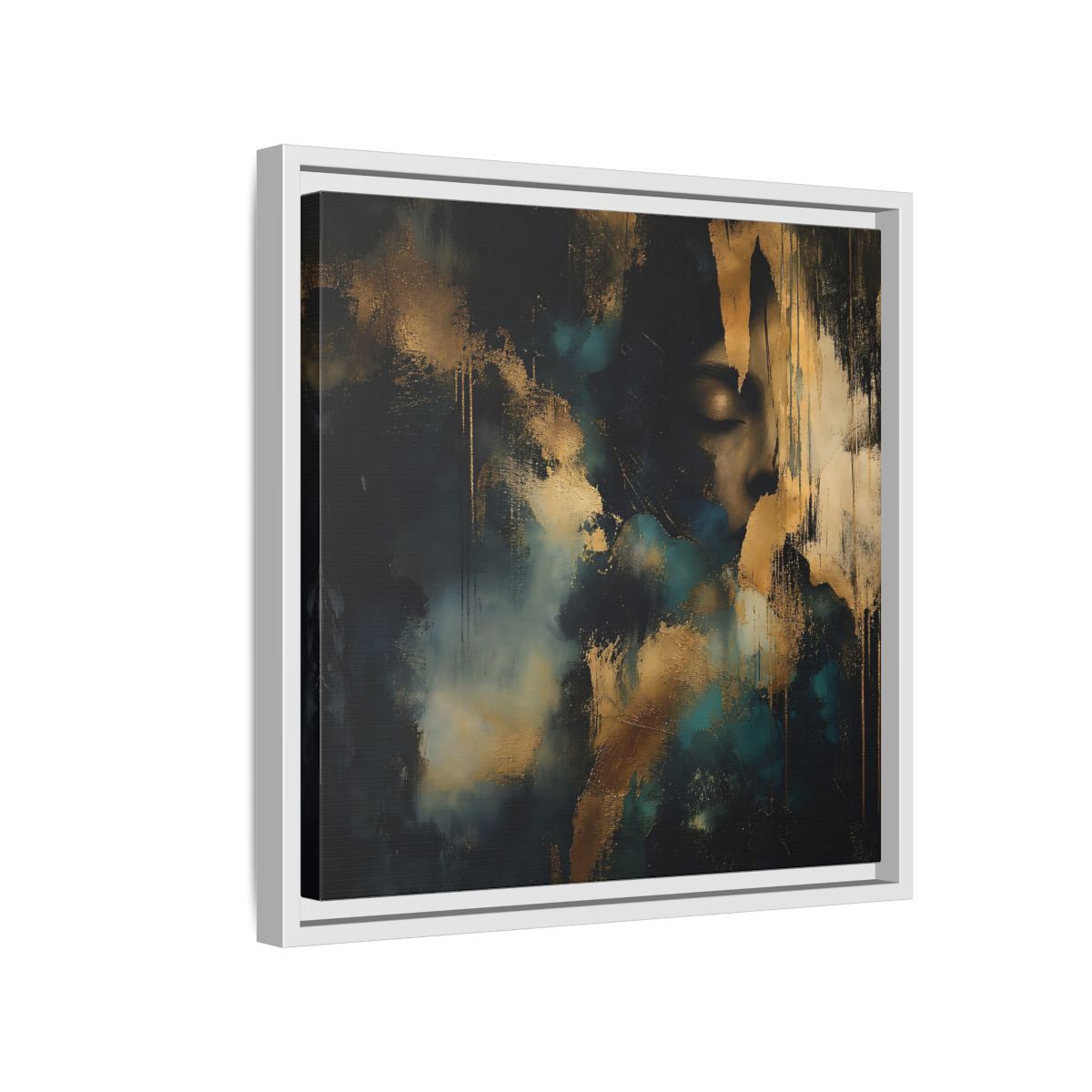 Side Mockup 13. Abstract Human Profile Gold Teal Abstract shown as stretched canvas wall art