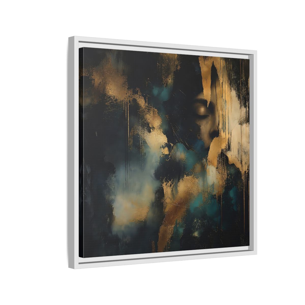 Side Mockup 10. Abstract Human Profile Gold Teal Abstract shown as stretched canvas wall art