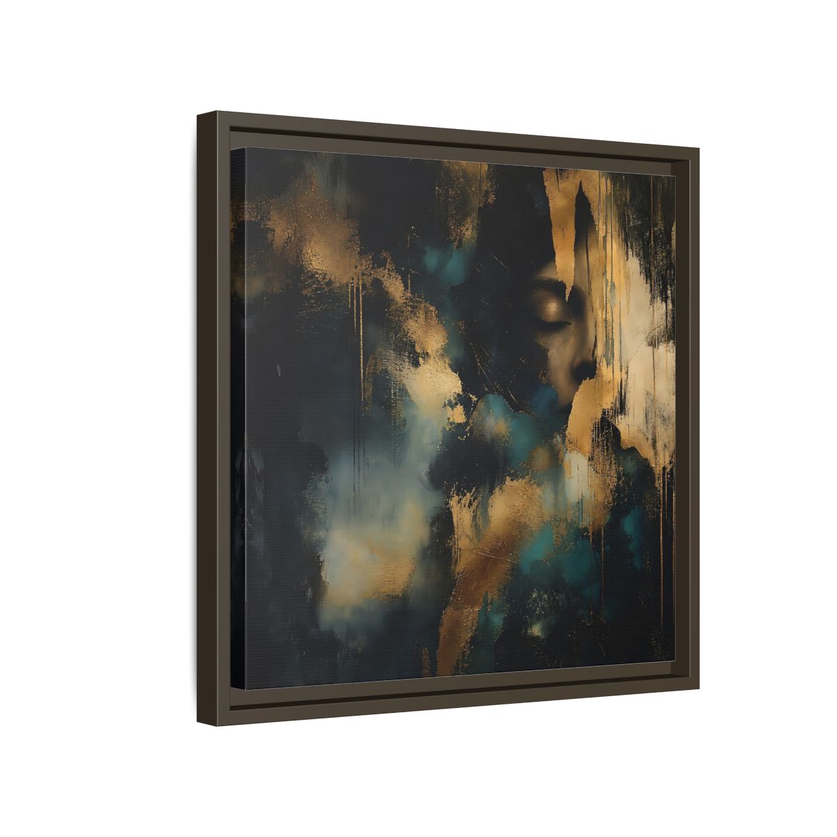 Side Mockup 14. Abstract Human Profile Gold Teal Abstract shown as stretched canvas wall art