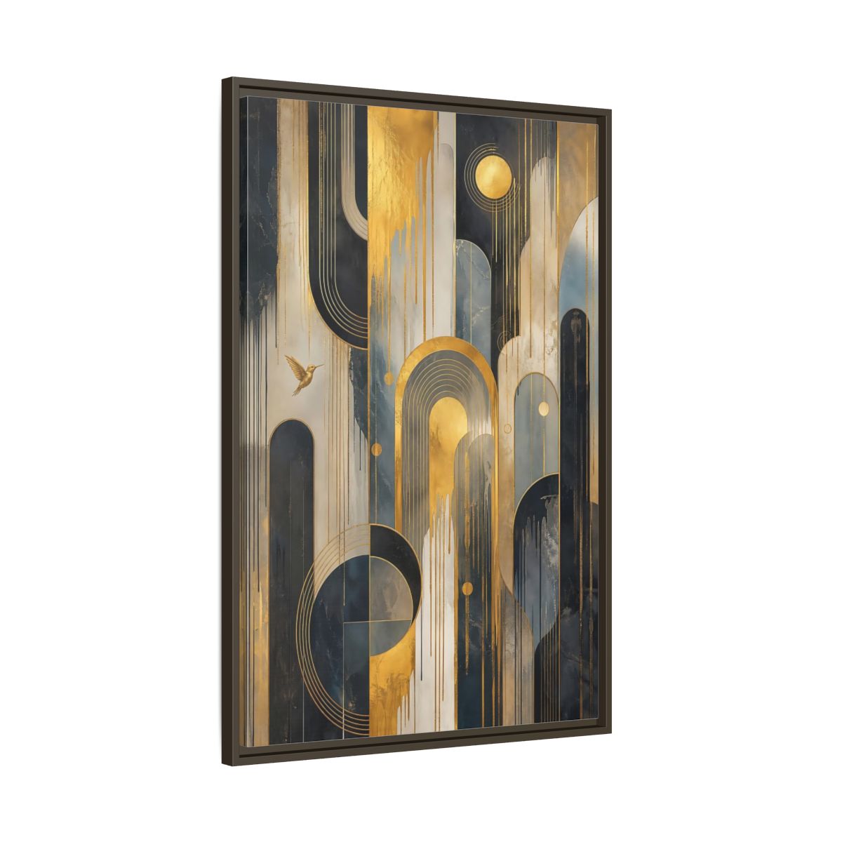 Main Mockup. Abstract Hummingbird Gold And Blue Abstract shown as stretched canvas wall art