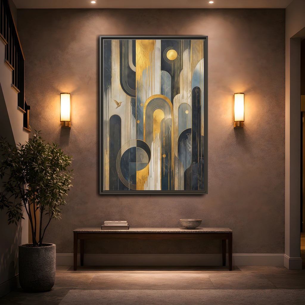 Mockup 2. Abstract Hummingbird Gold And Blue Abstract shown as stretched canvas wall art