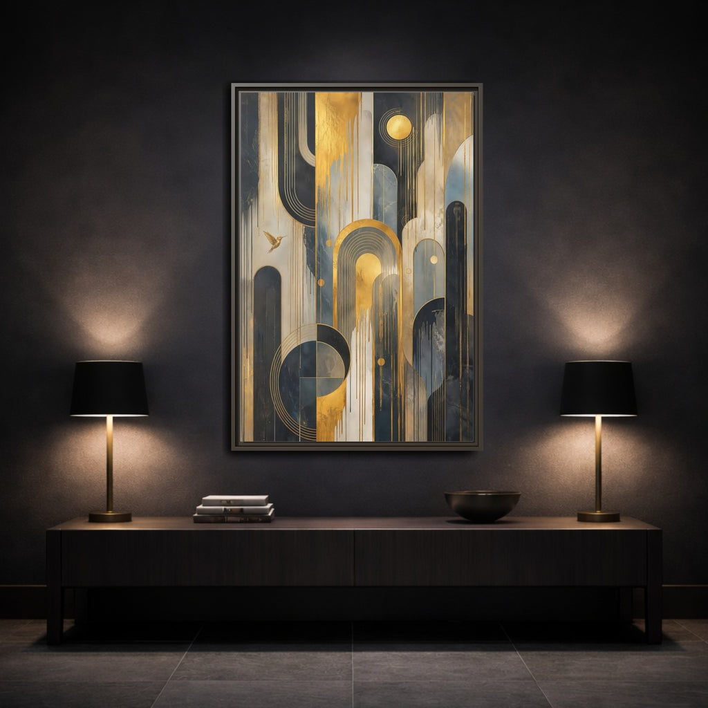 Mockup 3. Abstract Hummingbird Gold And Blue Abstract shown as stretched canvas wall art