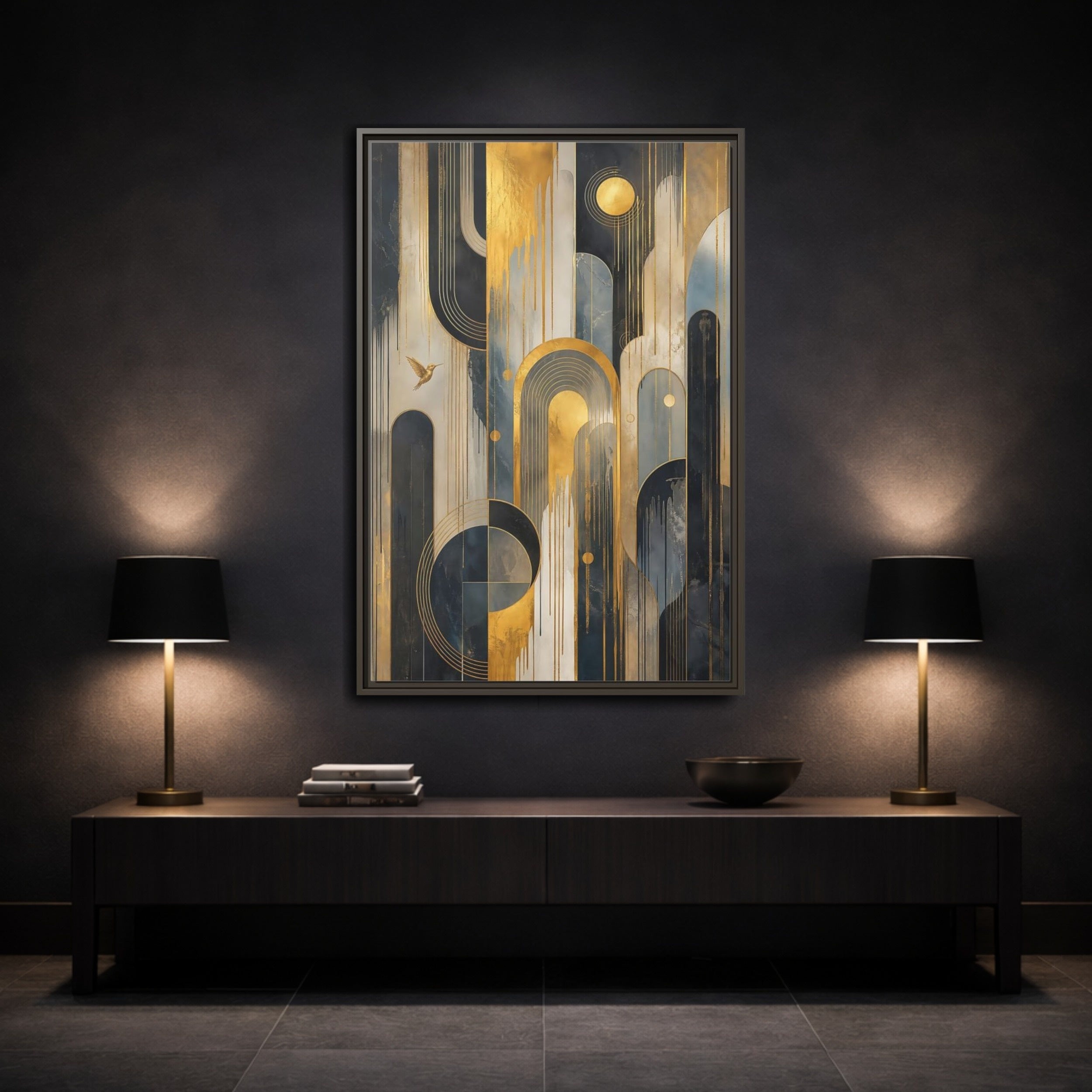 Mockup 3. Abstract Hummingbird Gold And Blue Abstract shown as stretched canvas wall art