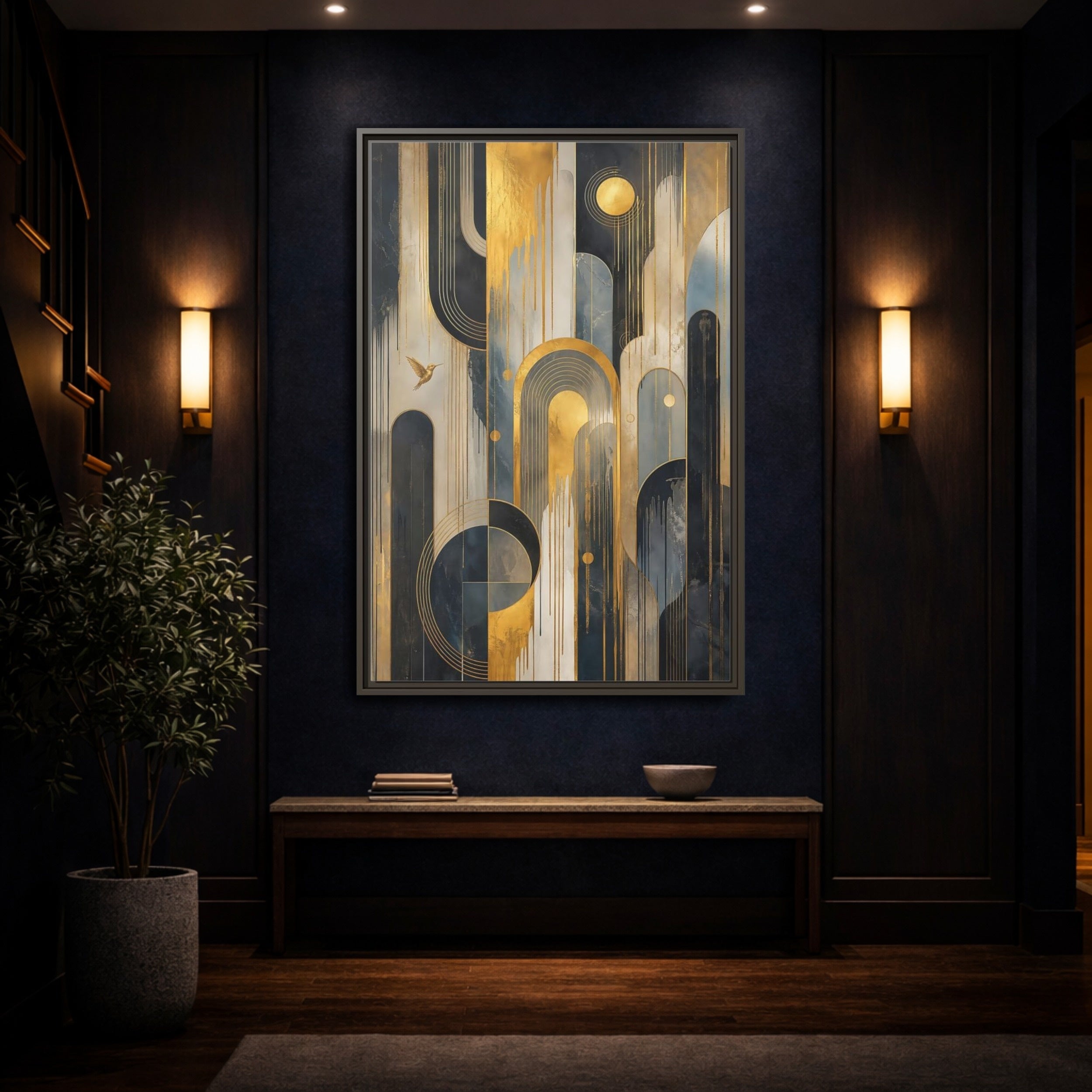 Mockup 4. Abstract Hummingbird Gold And Blue Abstract shown as stretched canvas wall art