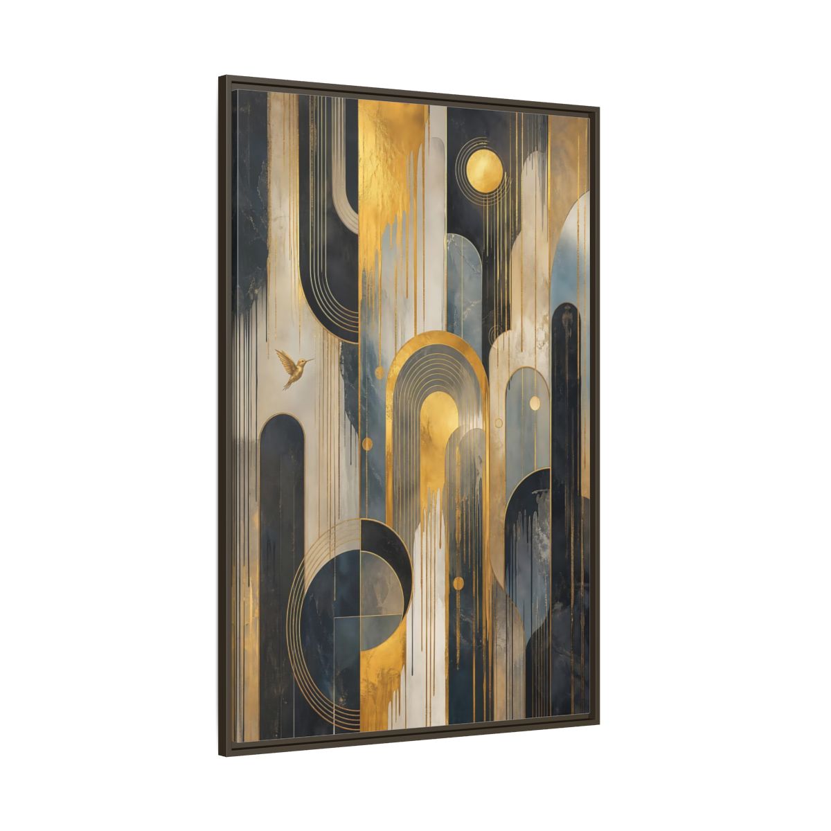 Side Mockup 8. Abstract Hummingbird Gold And Blue Abstract shown as stretched canvas wall art