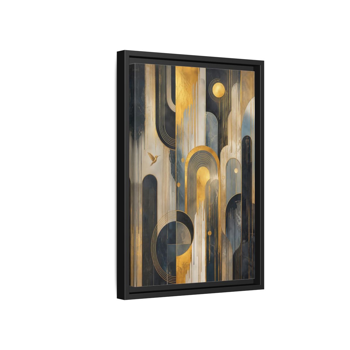 Side Mockup 6. Abstract Hummingbird Gold And Blue Abstract shown as stretched canvas wall art