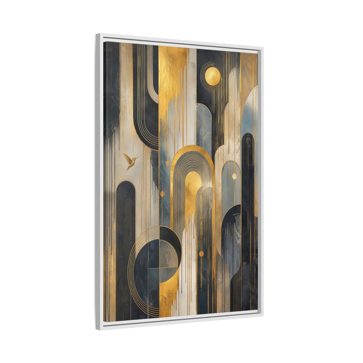 Side Mockup 9. Abstract Hummingbird Gold And Blue Abstract shown as stretched canvas wall art