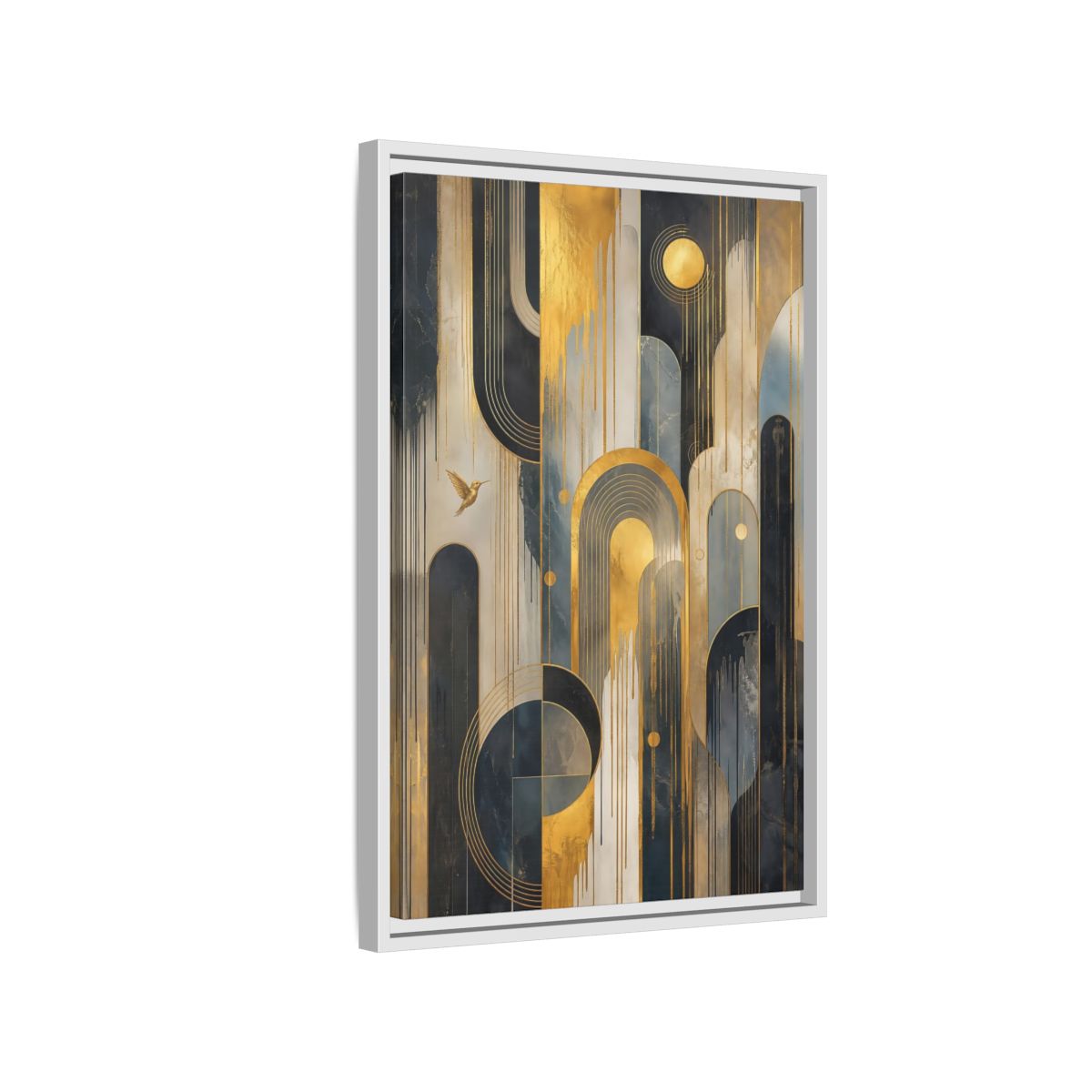 Side Mockup 1. Abstract Hummingbird Gold And Blue Abstract shown as stretched canvas wall art