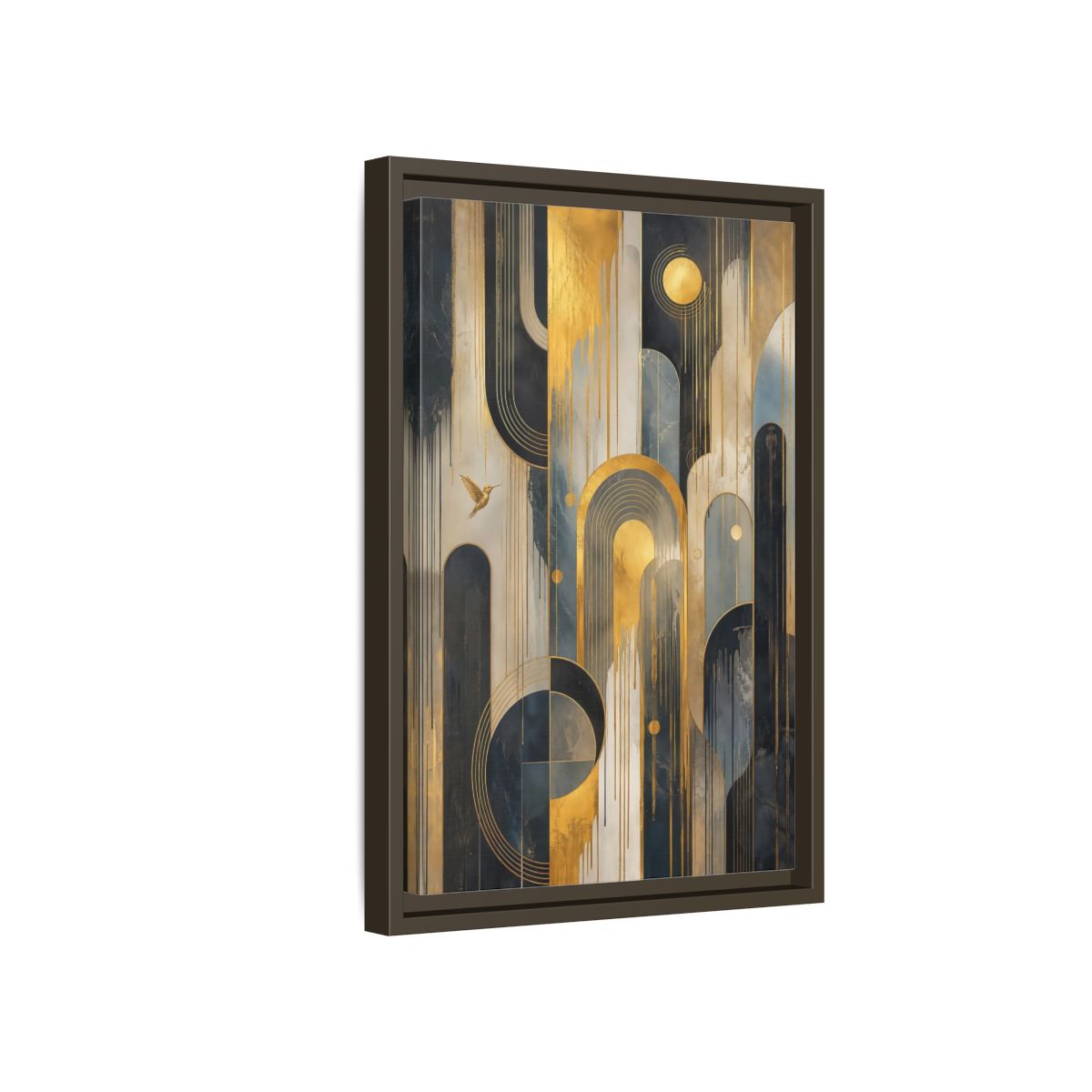 Side Mockup 5. Abstract Hummingbird Gold And Blue Abstract shown as stretched canvas wall art
