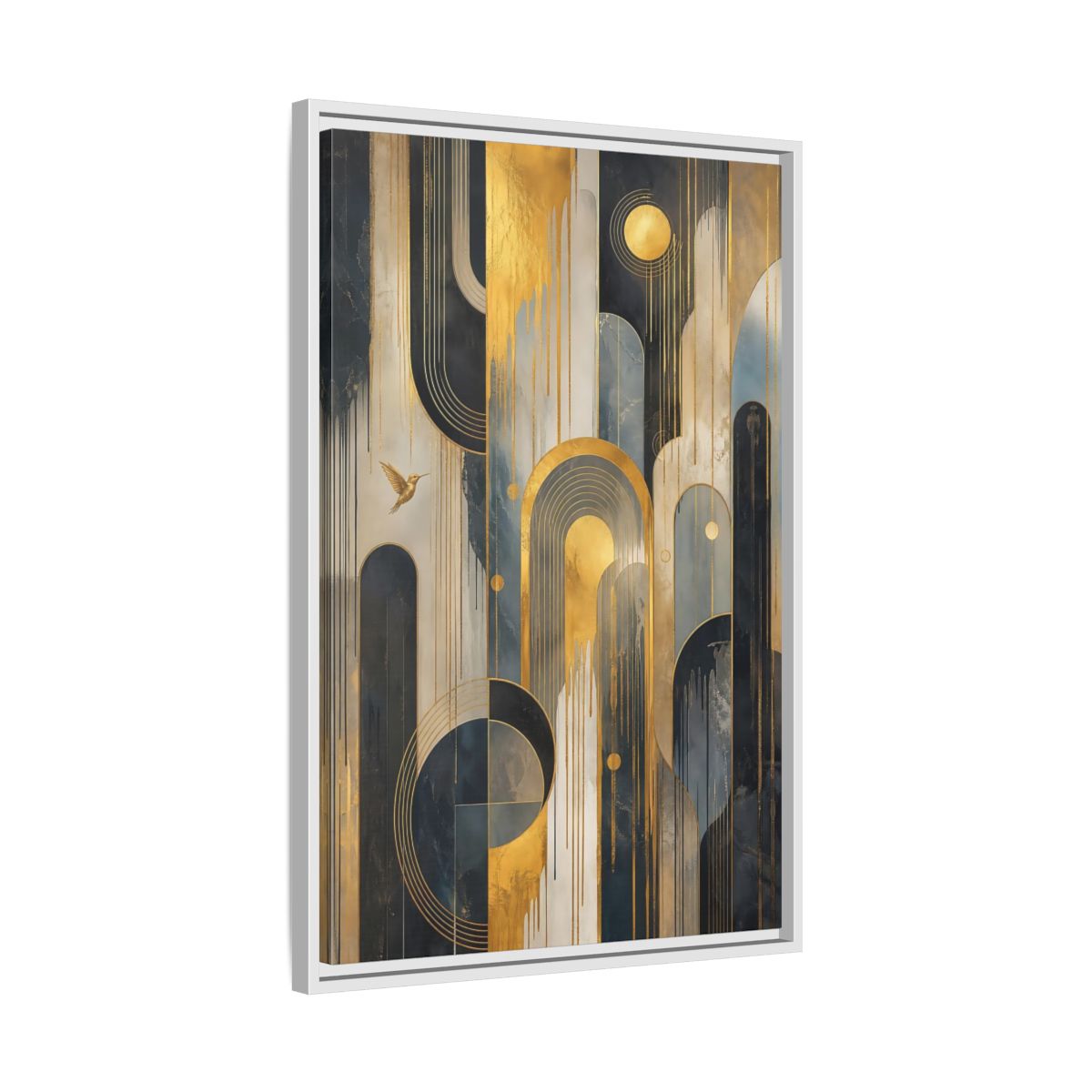 Side Mockup 10. Abstract Hummingbird Gold And Blue Abstract shown as stretched canvas wall art