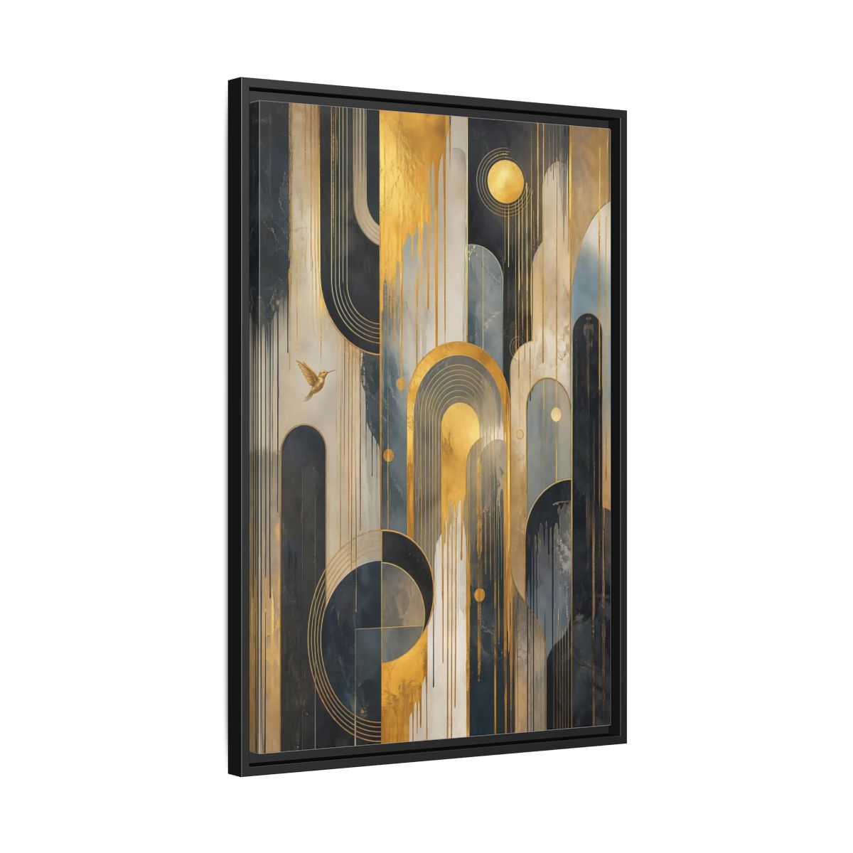 Side Mockup 14. Abstract Hummingbird Gold And Blue Abstract shown as stretched canvas wall art