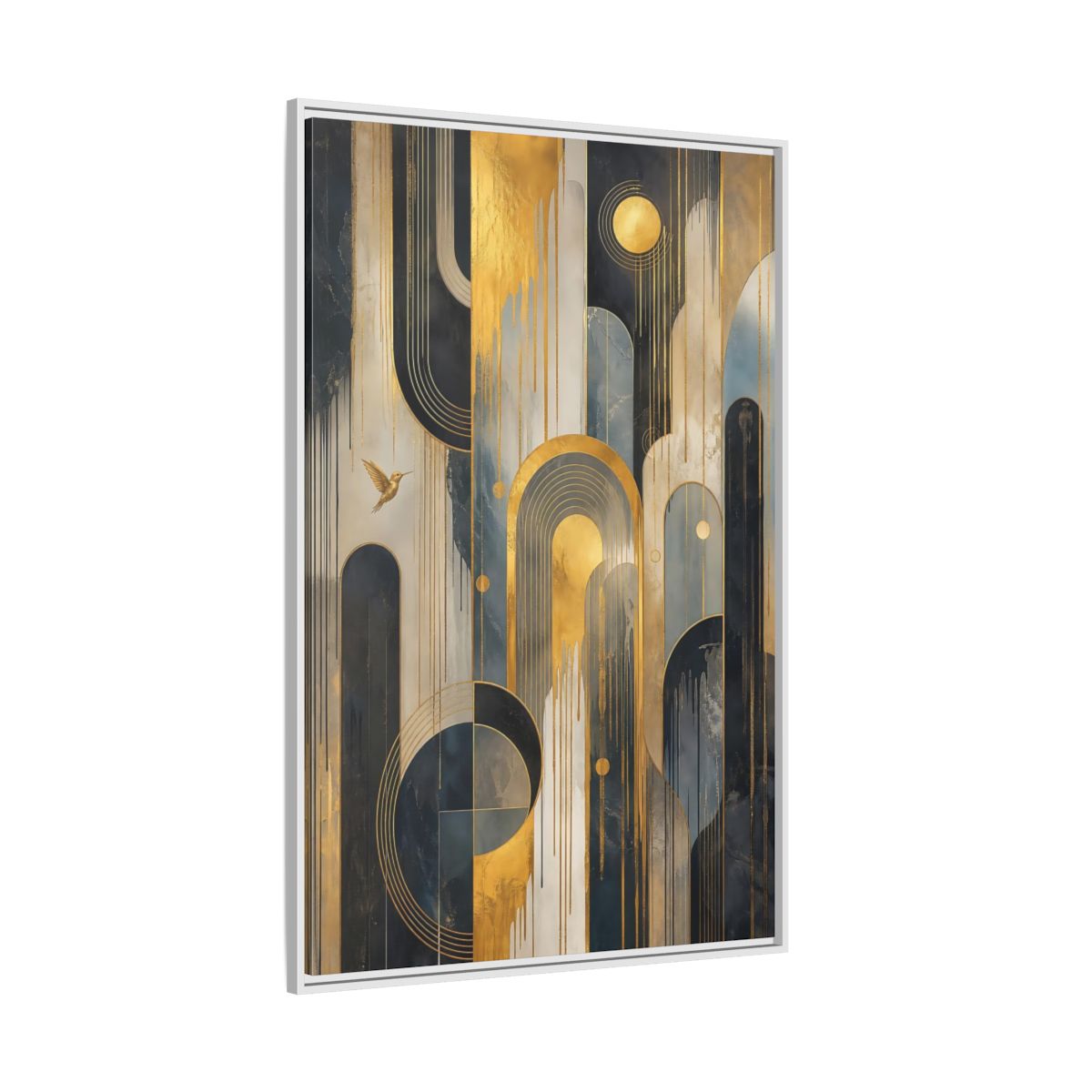 Side Mockup 7. Abstract Hummingbird Gold And Blue Abstract shown as stretched canvas wall art