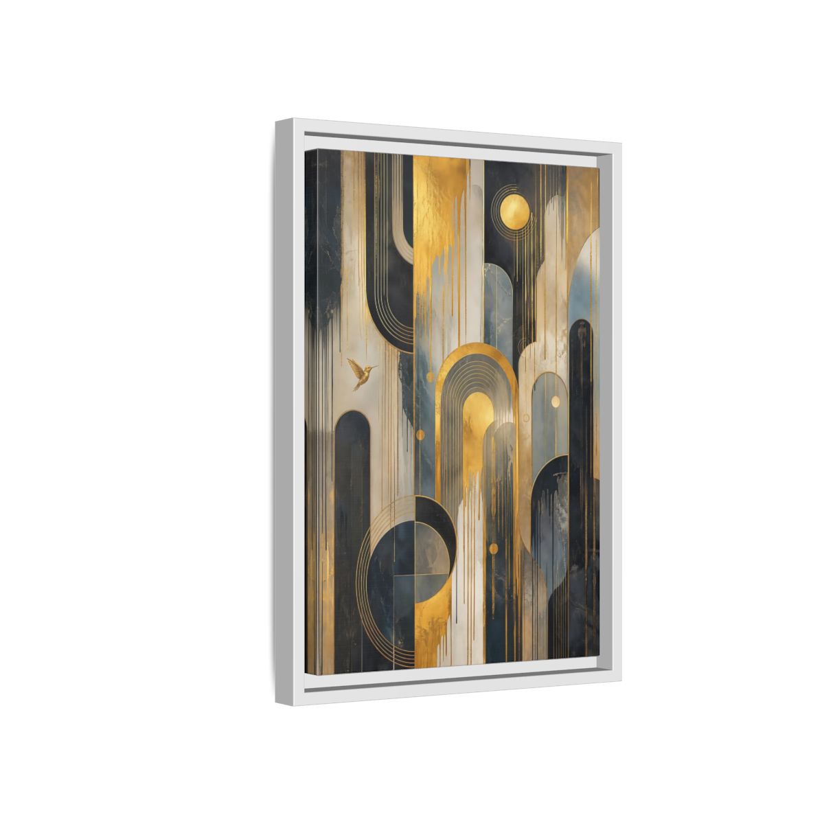 Side Mockup 4. Abstract Hummingbird Gold And Blue Abstract shown as stretched canvas wall art