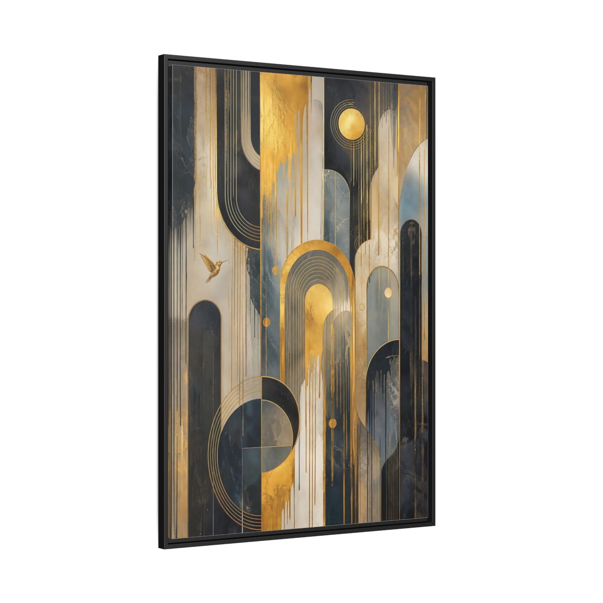 Side Mockup 12. Abstract Hummingbird Gold And Blue Abstract shown as stretched canvas wall art