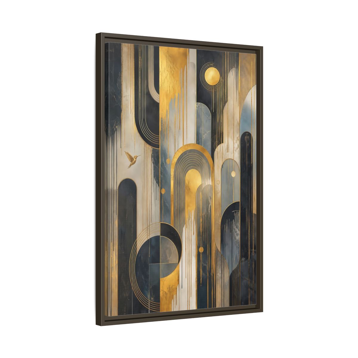 Side Mockup 11. Abstract Hummingbird Gold And Blue Abstract shown as stretched canvas wall art