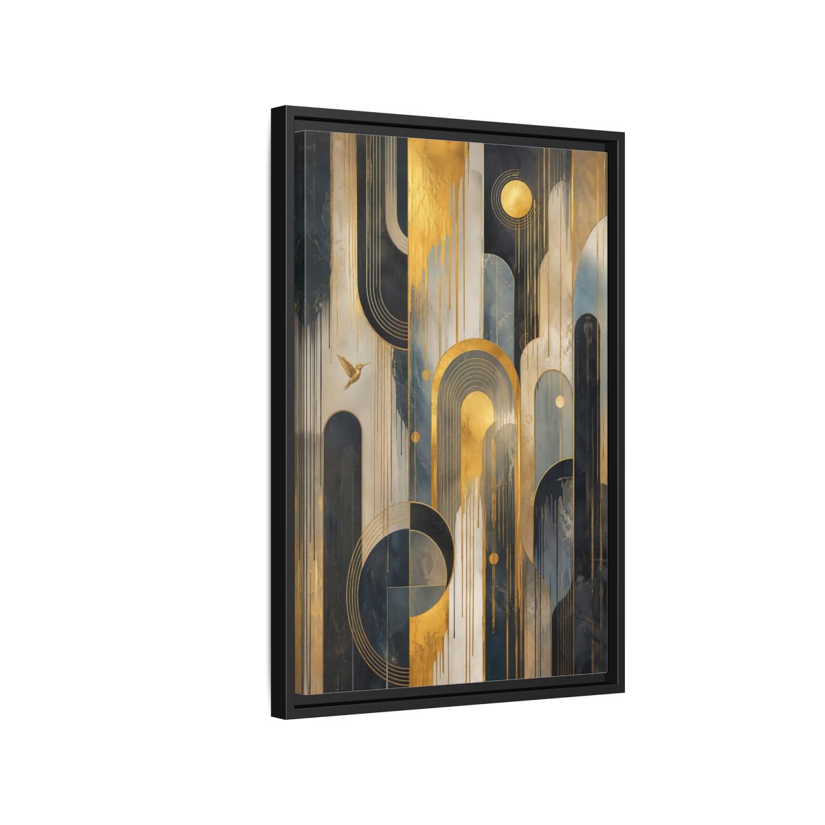 Side Mockup 3. Abstract Hummingbird Gold And Blue Abstract shown as stretched canvas wall art