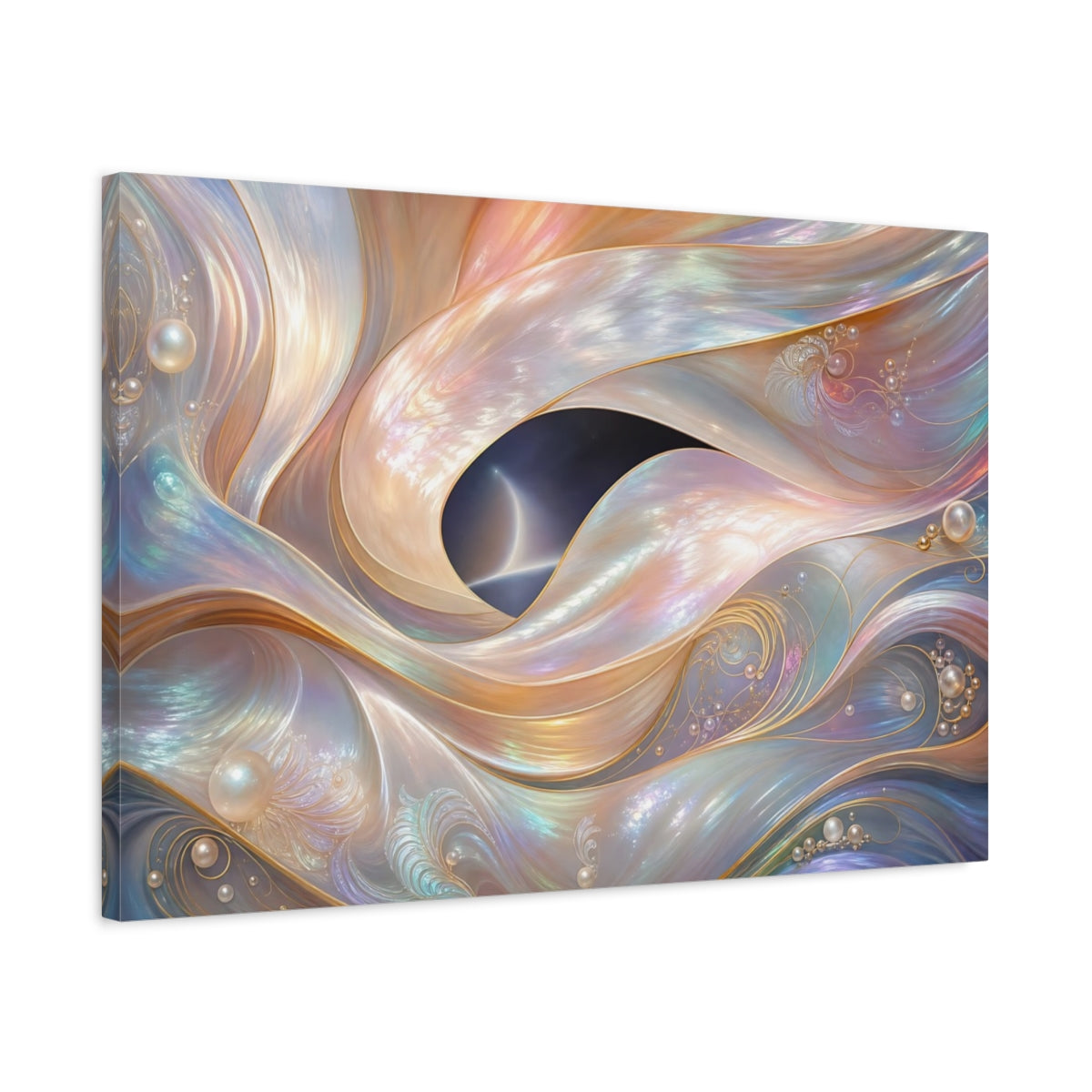 Side Mockup 2. Abstract Iridescent Waves Iridescent Waves shown as stretched canvas wall art