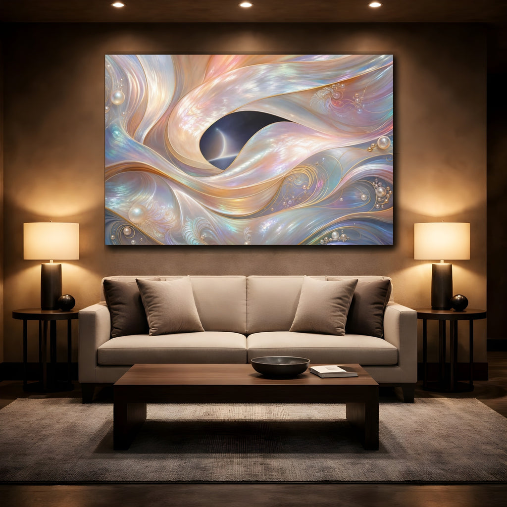 Mockup 2. Abstract Iridescent Waves Iridescent Waves shown as stretched canvas wall art