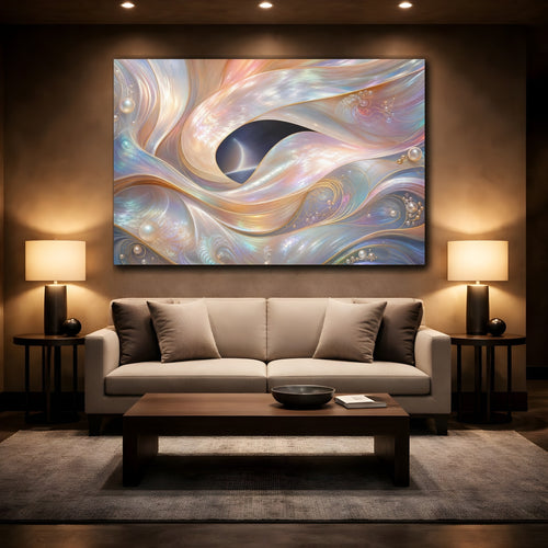 Mockup 2. Abstract Iridescent Waves Iridescent Waves shown as stretched canvas wall art