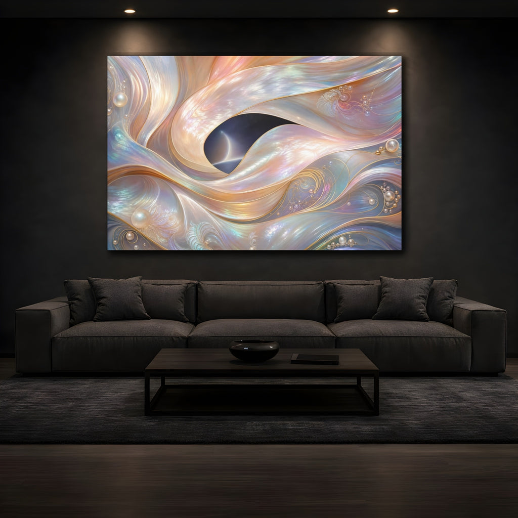 Mockup 3. Abstract Iridescent Waves Iridescent Waves shown as stretched canvas wall art