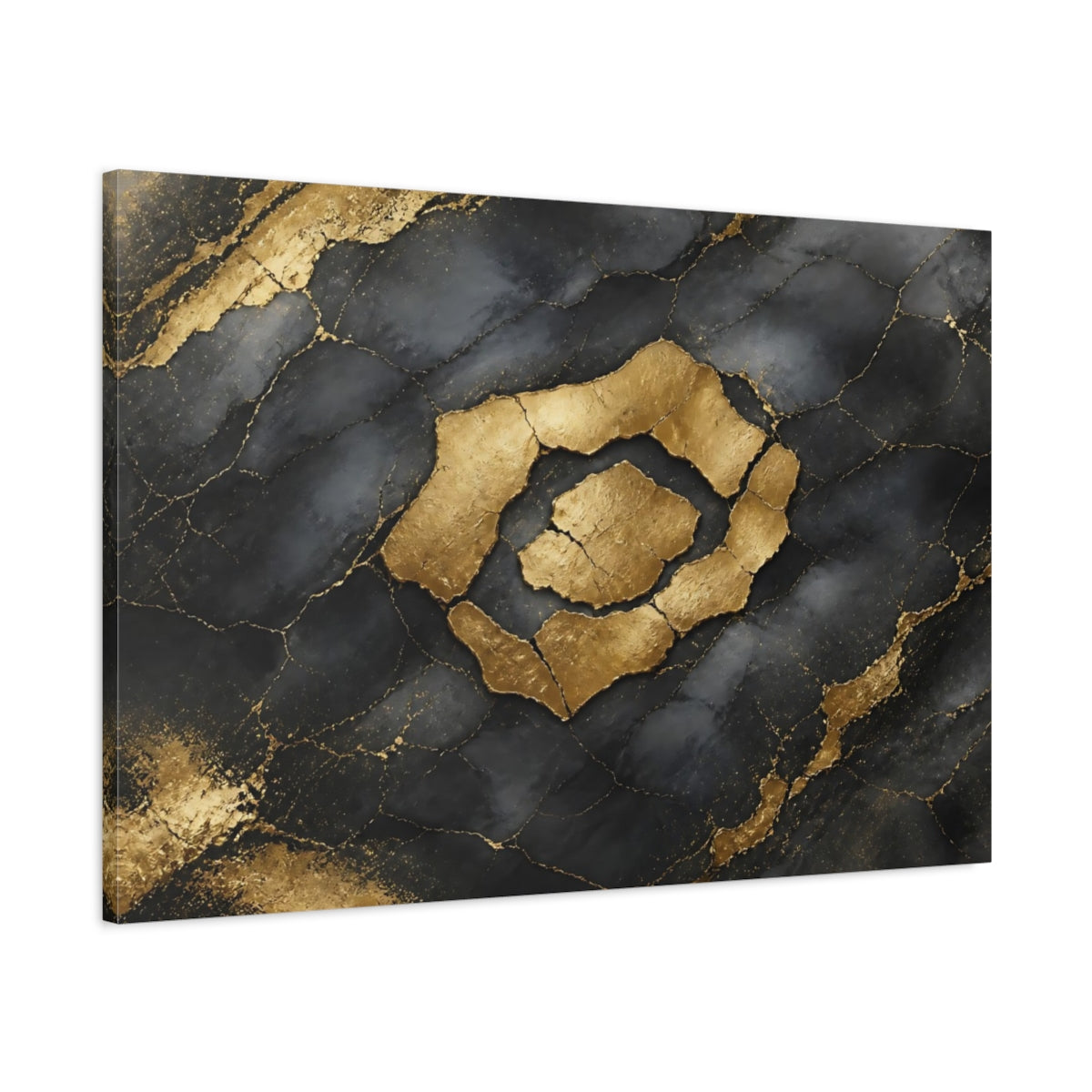 Main Mockup. Abstract Kintsugi Pattern Black And Gold shown as stretched canvas wall art