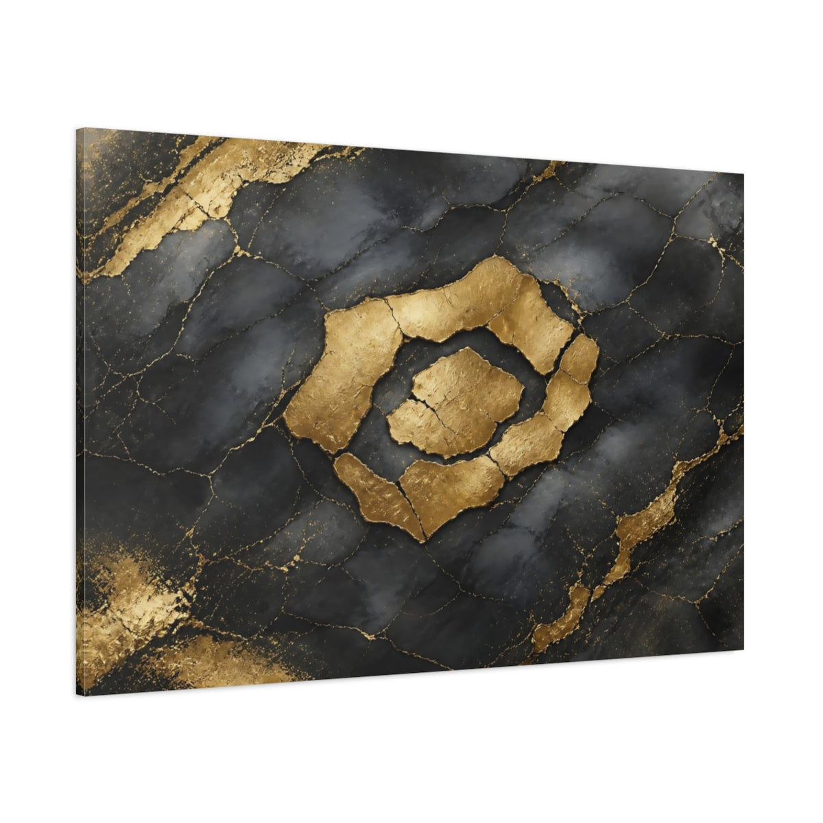 Side Mockup 1. Abstract Kintsugi Pattern Black And Gold shown as stretched canvas wall art