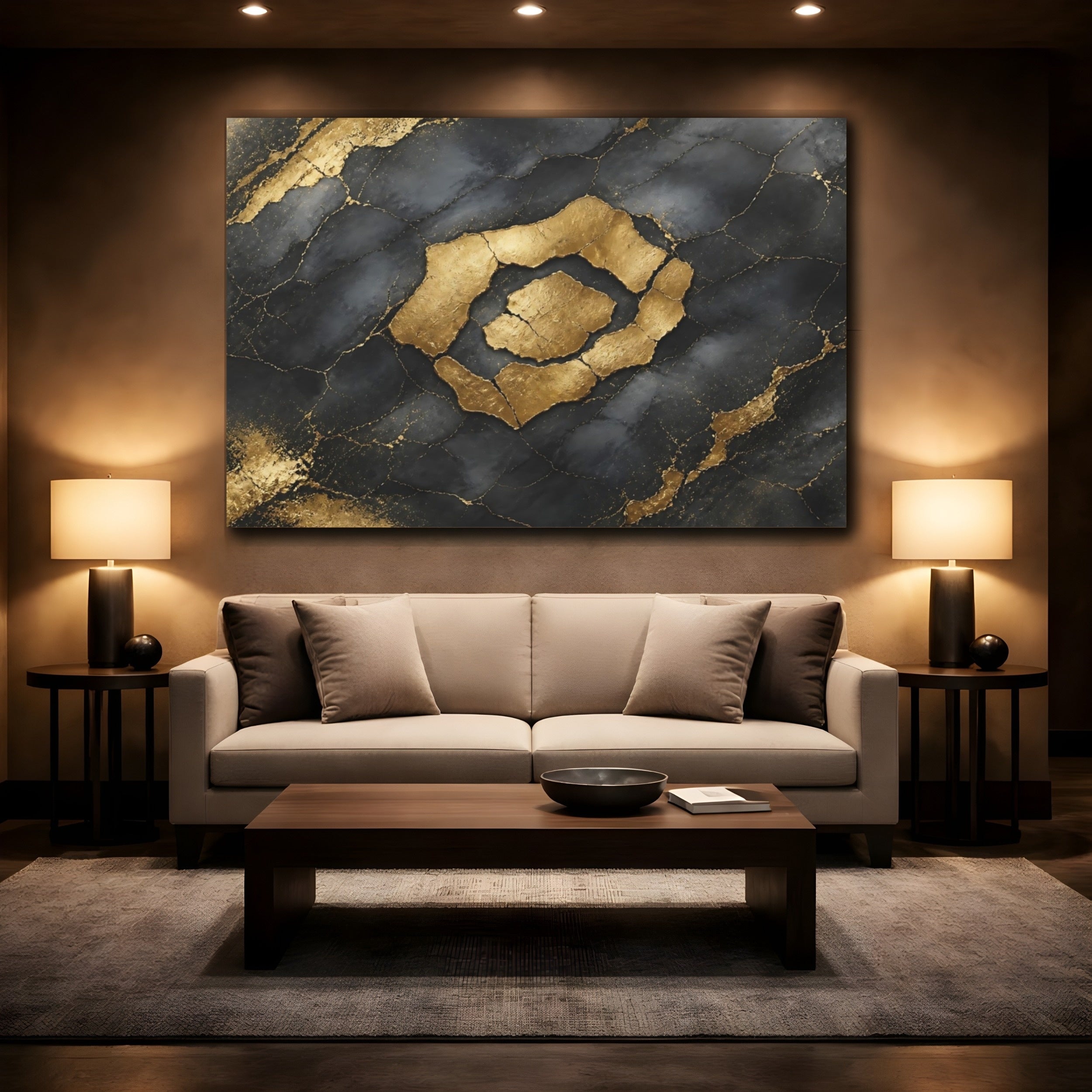 Mockup 2. Abstract Kintsugi Pattern Black And Gold shown as stretched canvas wall art