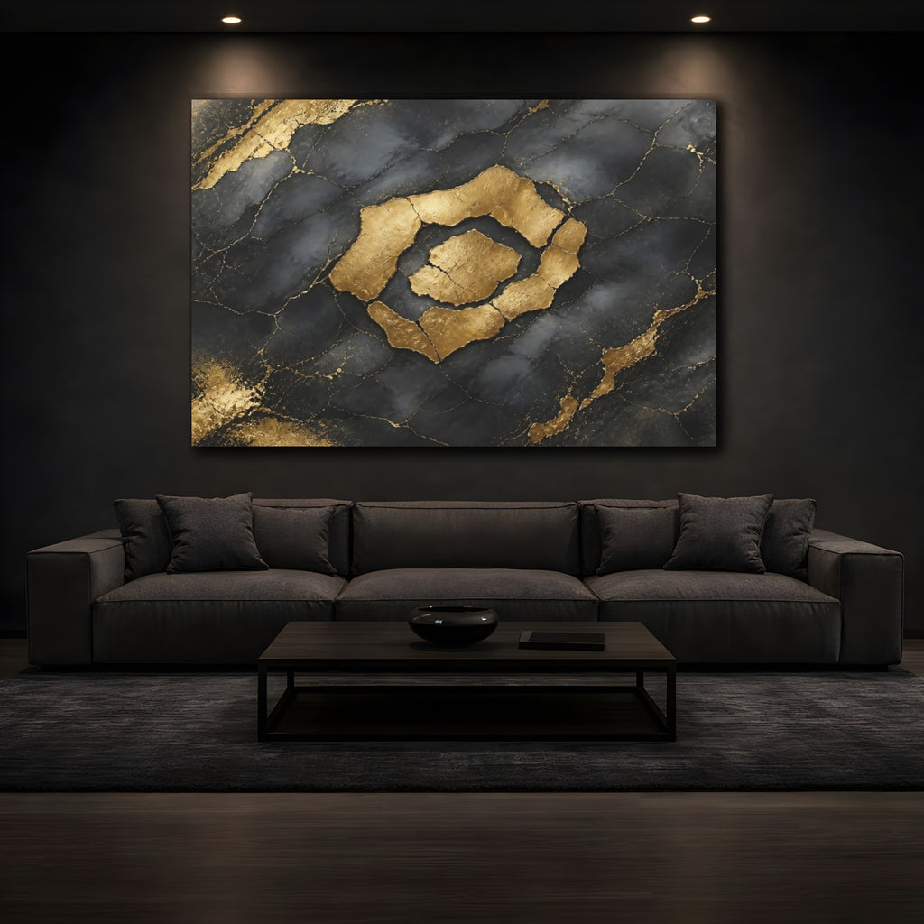 Mockup 3. Abstract Kintsugi Pattern Black And Gold shown as stretched canvas wall art