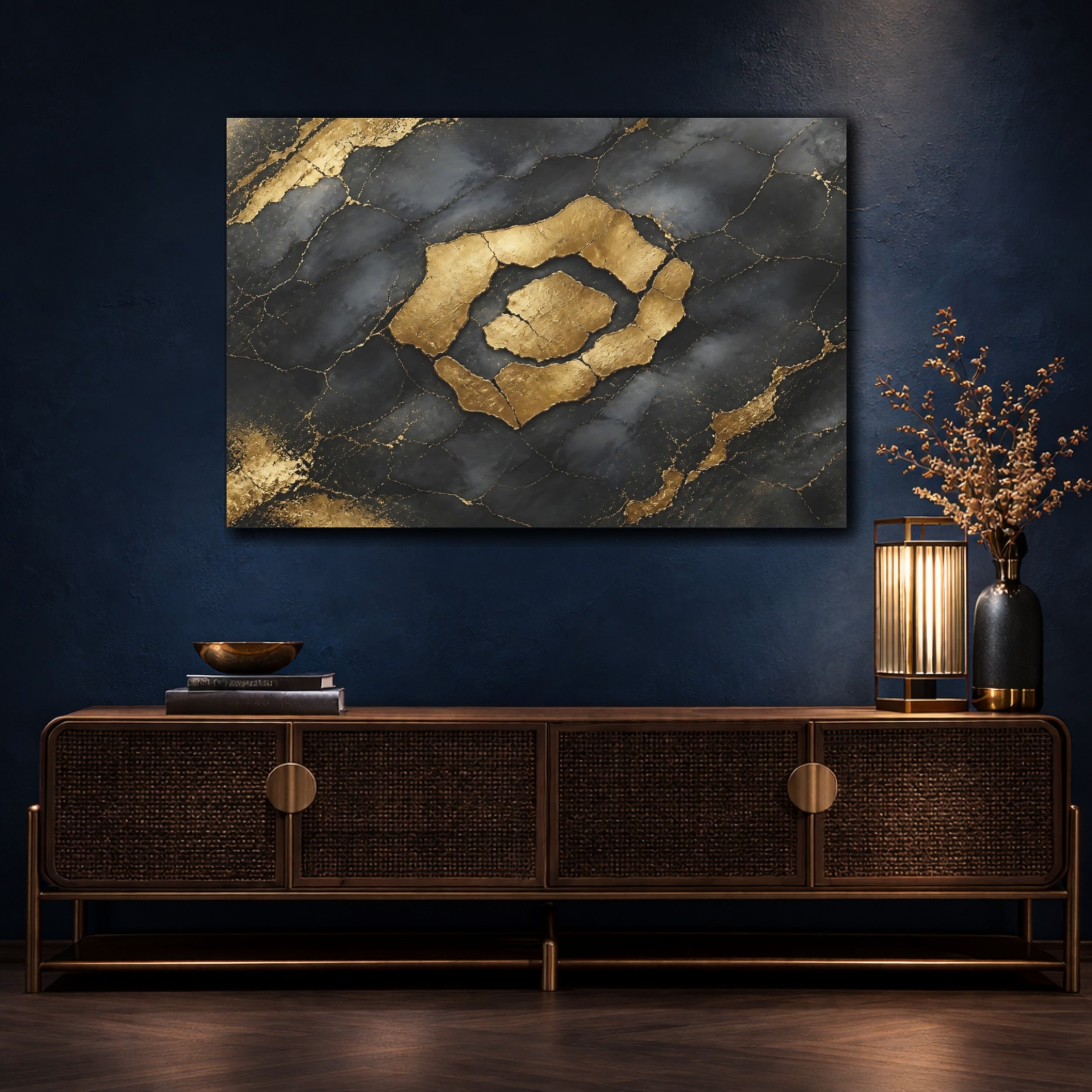 Mockup 4. Abstract Kintsugi Pattern Black And Gold shown as stretched canvas wall art