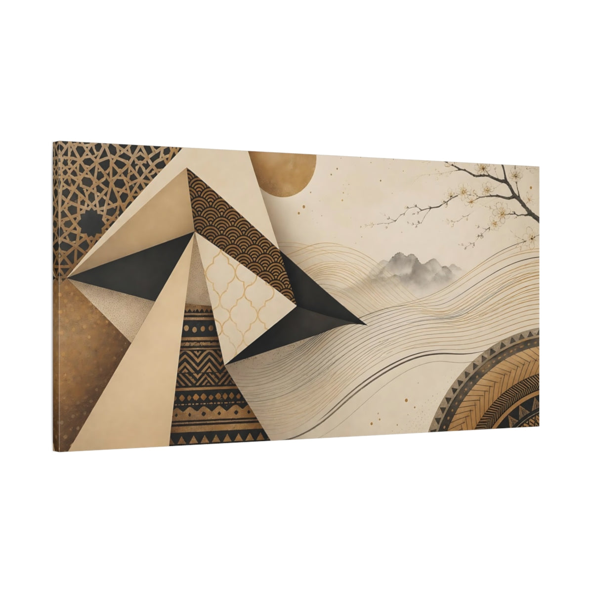 Side Mockup 2. Abstract Abstract Landscape Gold Black Geometric shown as stretched canvas wall art