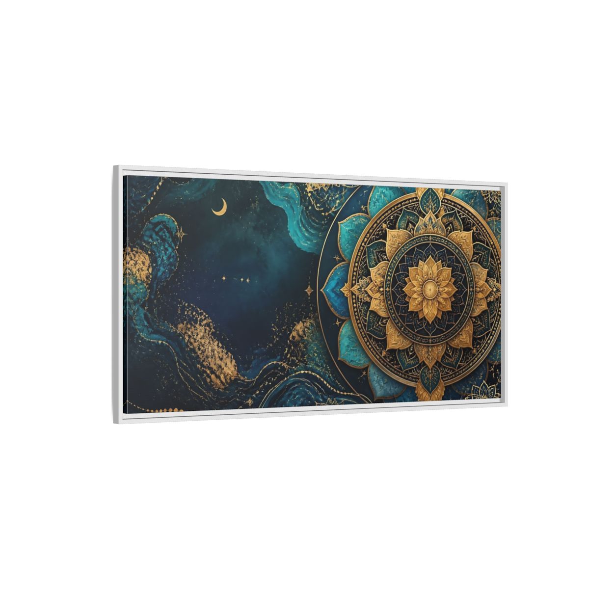 Side Mockup 3. Abstract Lotus Mandala Teal Gold Mandala shown as stretched canvas wall art