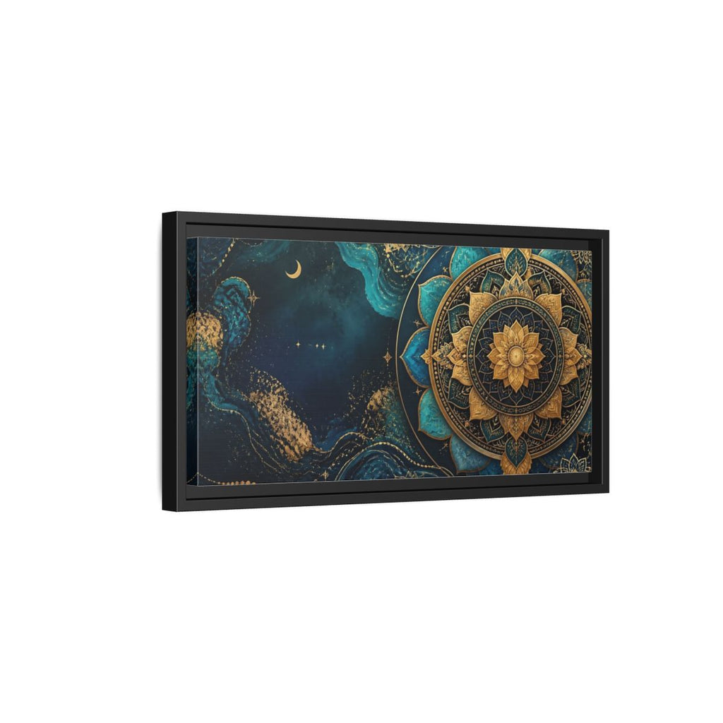 Side Mockup 8. Abstract Lotus Mandala Teal Gold Mandala shown as stretched canvas wall art