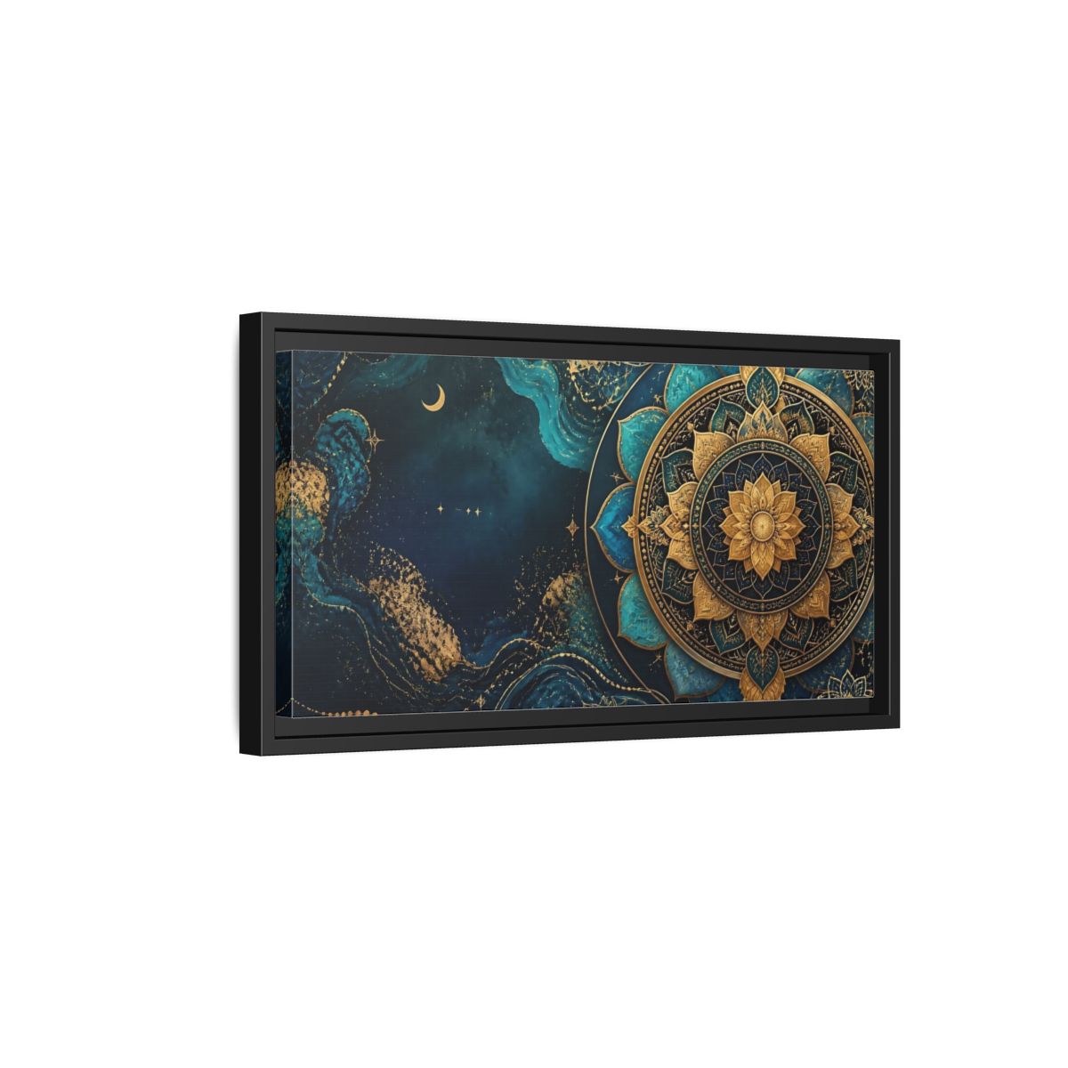 Side Mockup 8. Abstract Lotus Mandala Teal Gold Mandala shown as stretched canvas wall art